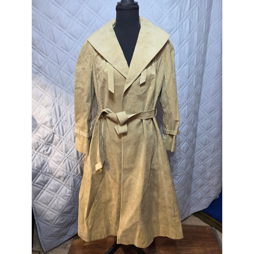 Vintage Bonwit Teller Tan Suede Wrap Trench Coat Belted Midi Jacket Womens 4A